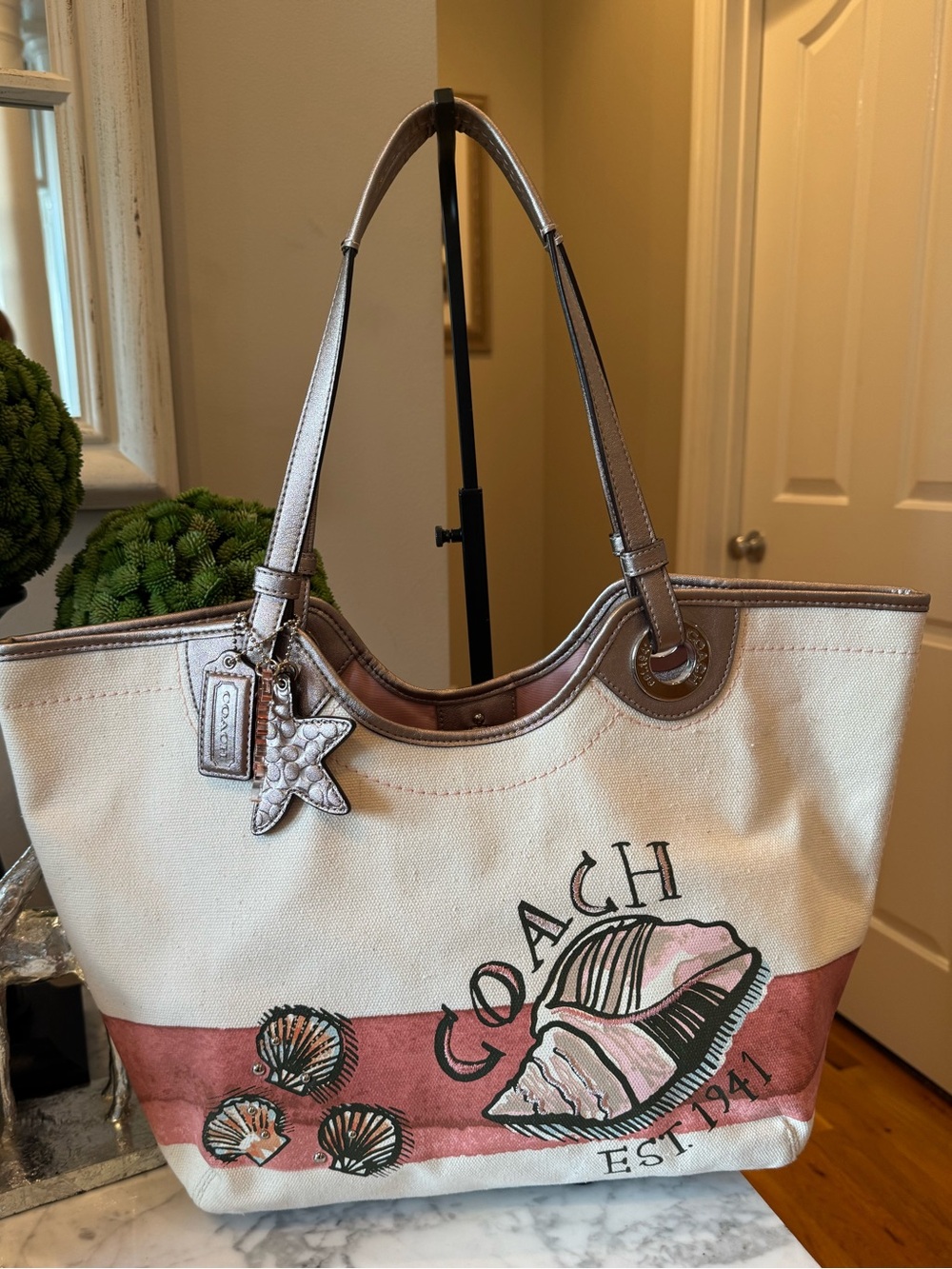 Coach - Seashell Beach Natural Canvas Tote Bag EUC 2012 with tag & charms